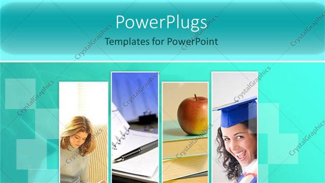  Presentation with slides - Four slides of reading young lady, apple on books and graduating student