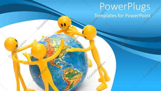  Presentation with blue yellow - Four smiling yellow figures standing around a globe with blue and white background