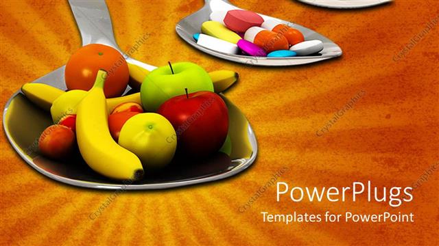  Presentation with tablets - Four spoons with different tablets and one larger one with fruits