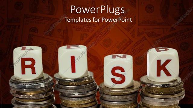  Presentation with risk - Four stacks of coins with lettered red and white dice spelling risk