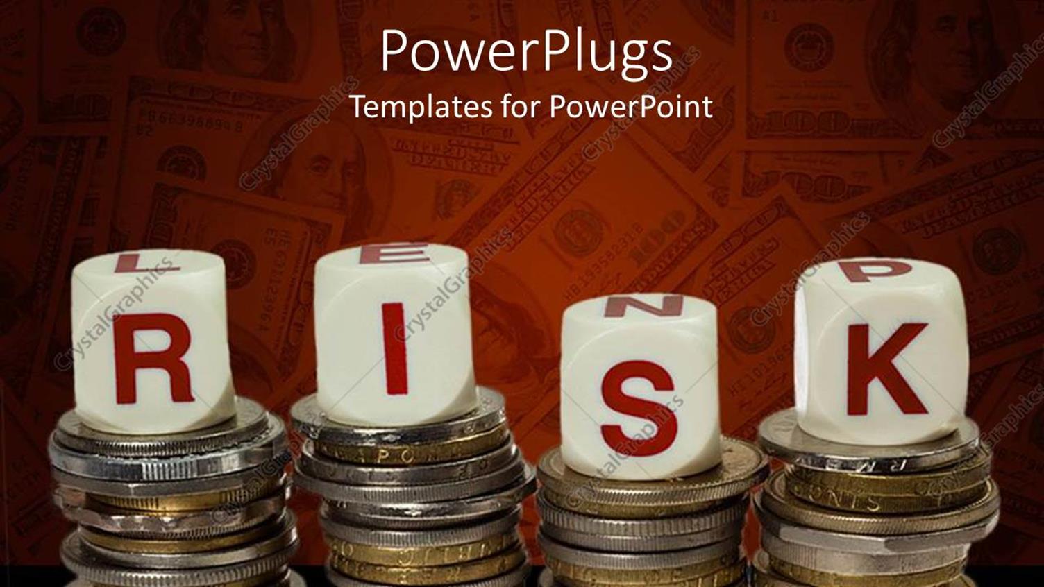 Featuring Four Stacks of Coins with LetteRed Red and White Dice Spelling Risk