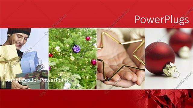  Presentation with christmas red - Four tiles showing man holding gifts and christmas ornaments and tree