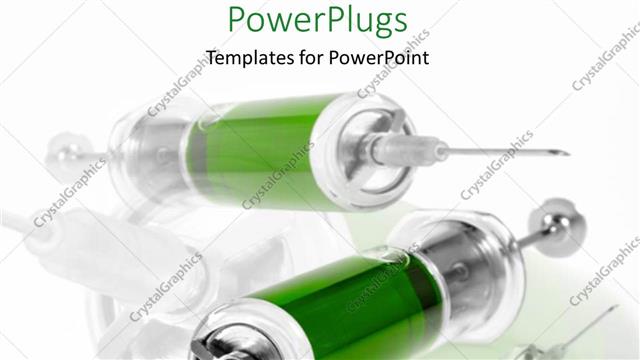  Presentation with needles - Four various sized syringes with needles and green liquid on white background