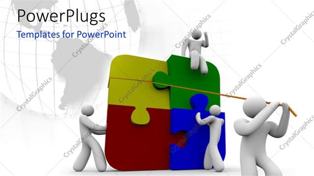  Presentation with solving - Four white 3D characters arranging multi colored puzzle pieces