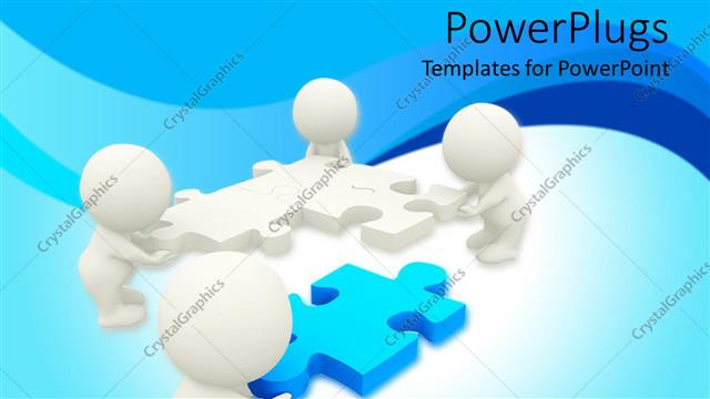  Presentation with puzzle pieces - Four white 3D figures trying to assemble jigsaw puzzle pieces and teamwork word on reflective surface