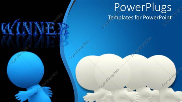  Presentation with winner - Four white colored 3D Characters following a blue one?