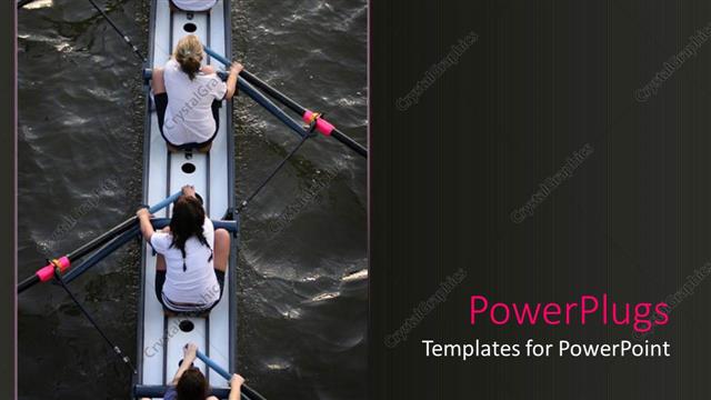  Presentation with rowing - Four women in a canoe with paddles on water women's rowing team