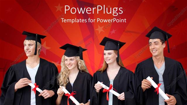  Presentation with education red - Four young adults in graduation gowns on a red background