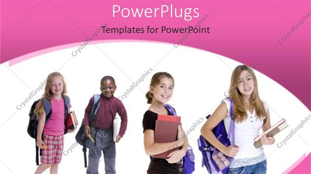  Presentation with school kids - Four young kids smiling with school bags and books