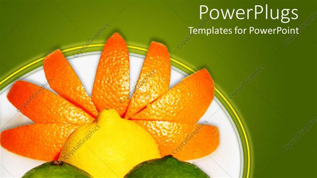  Presentation with orange lime - Fresh fruits, orange, lemon, lime, forming sun with rays over green field