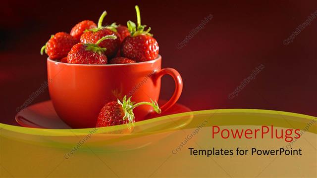  Presentation with strawberry - Cup and saucer filled with fresh strawberry over red background