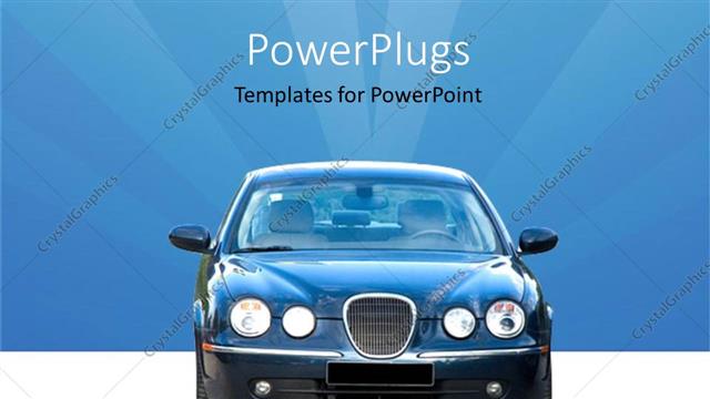  Presentation with end - Front end of car on white showroom floor and blue background