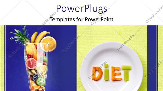  Presentation with vitamin - Fruits form word DIET on white dish with cup filled with sliced fruits