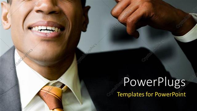  Presentation with closed - Frustrated man with eyes closed touches head with index finger