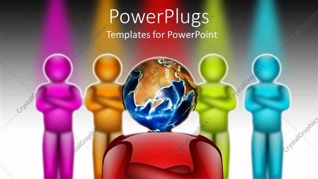  Presentation with red globe - Fuchsia, orange, green and blue figures standing behind red figure with globe instead of head