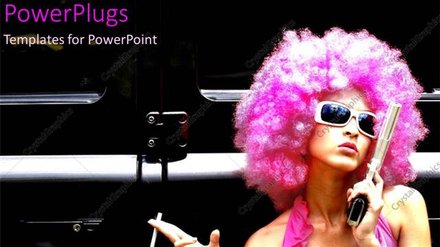  Presentation with cigarette - Funky young woman with gun and pink wig holding cigarette, model, fashion