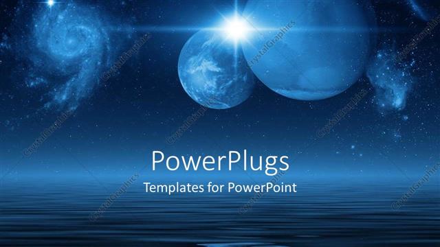  Presentation with planets - Future planets in galaxies and space above the blue ocean on a dark night