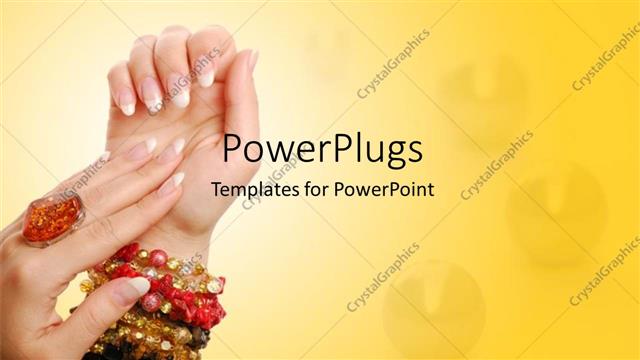  Presentation with gems - Gems in background with ring on woman's hand and colored bracelets?