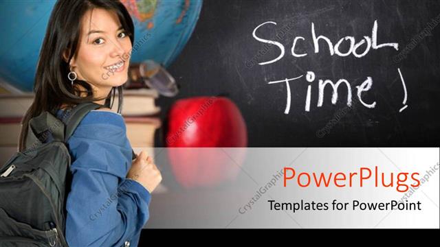  Presentation with time - A girl with a blackboard in the background and a globe