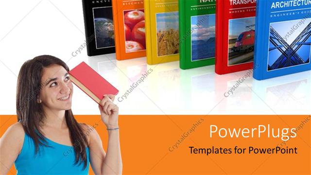  Presentation with scientific - A girl with a book and a number of books in background