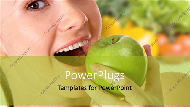  Presentation with vegetarian - A girl eating the apple with greenish background