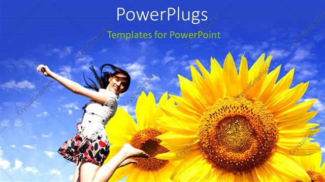  Presentation with sunflowers - A girl jumping in the air with sunflowers and bluish background