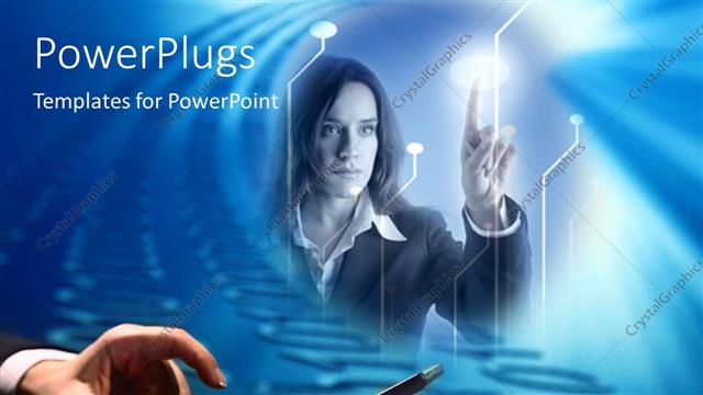  Presentation with data - A girl trying to deal with the technology with bluish background