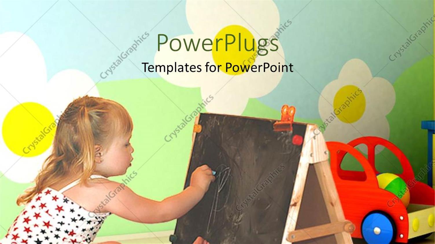 Featuring a Girl Working on the Blackboard with a Number of Flowers in Background