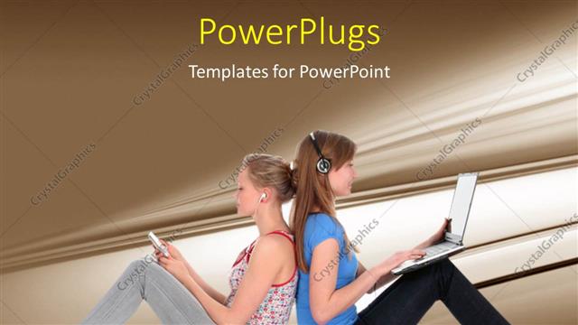  Presentation with listening - Girls using laptop and listening to music with brown shades