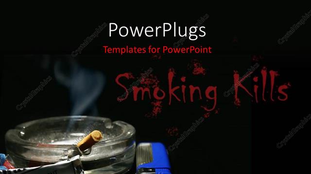  Presentation with smoking - A glass ash tray with a lit cigarette and a blue lighter