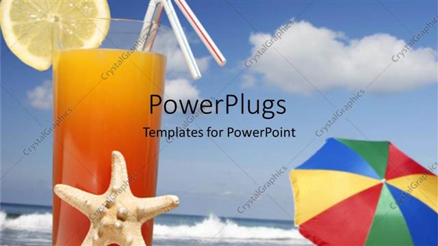  Presentation with fish beach - A glass of fresh juice and star fish in front of it