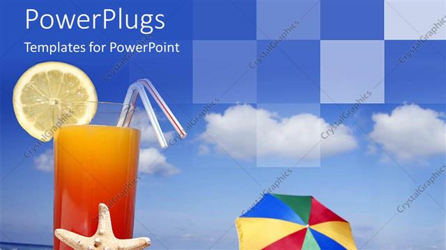  Presentation with juice - A glass full of juice and clouds in the background