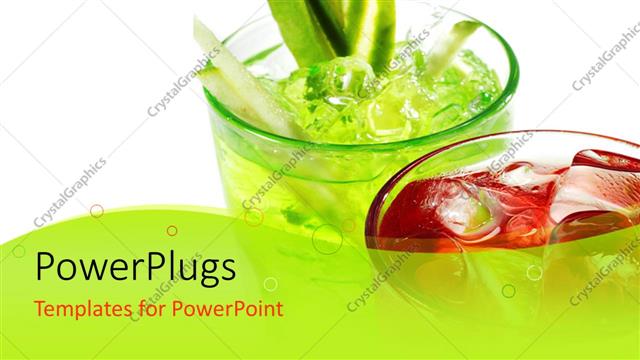  Presentation with alcoholic - Glass of green drink and red drink with ice on white and green background