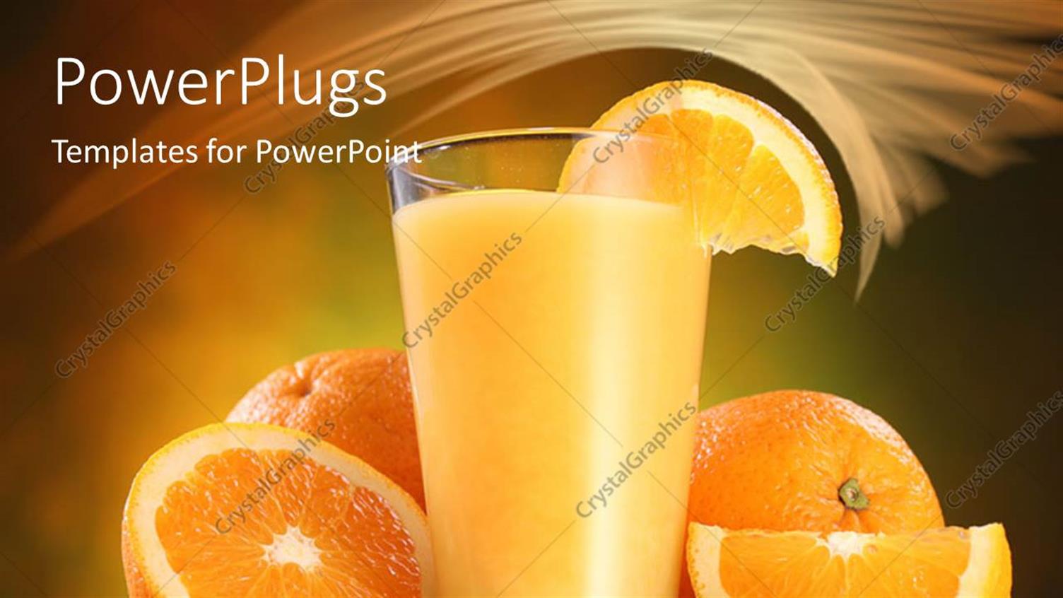 Featuring Glass of Orange Juice with Oranges Cut in Half on Table