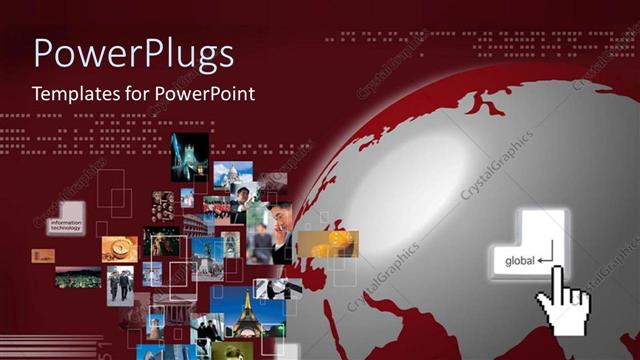  Presentation with key - Global business concept with finger pressing key, silver and burgundy globe, collage