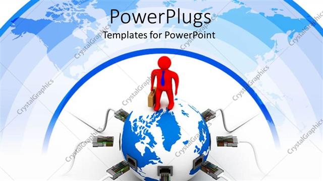  Presentation with ethernet - Global communications metaphor with red business man on top of globe with Ethernet plugs and cables