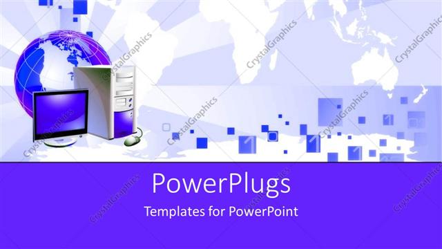  Presentation with digital communications - Global communications theme with globe, desktop computer and binary code
