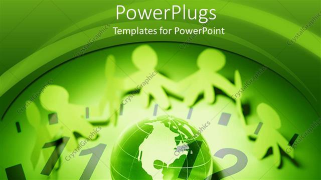  Presentation with environment - Global environment business theme with paper people holding hands, world globe and clock