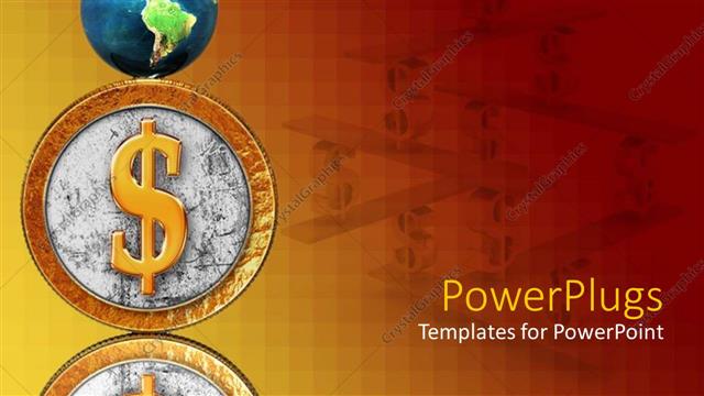  Presentation with gold dollar sign - Globe atop silver coin with gold dollar sign on reflective surface