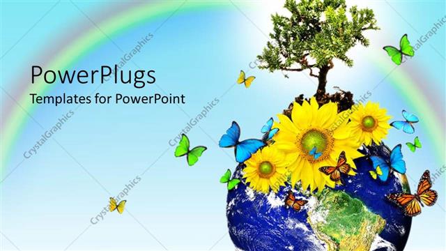  Presentation with sunflower - Globe, Earth with tree, yellow sunflowers, colorful butterflies on sunflower field with rainbow on blue sky
