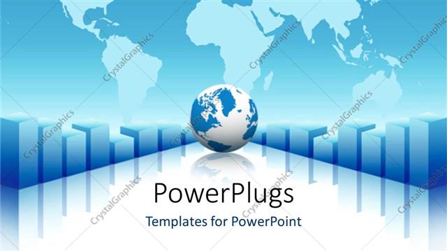  Presentation with blue plain - Globe on glossy reflective surface between 3D blue bars with plain world map on the blue background