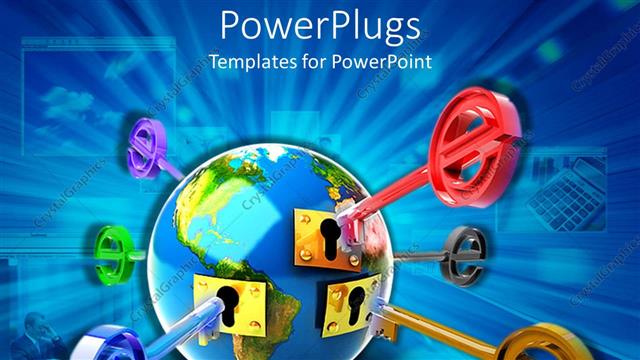  Presentation with blue financial - Globe with golden keyholes and colorful keys with financial related depictions on blue background