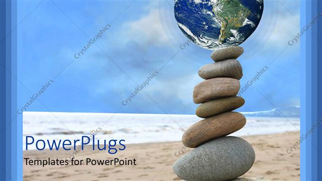  Presentation with stacked rocks - Globe, planet earth atop of six pebble rocks stacked from larger to smaller, balanced rocks holding globe on beach sand