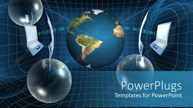 Presentation with earth network - Globe, planet earth and transparent globes with laptops, network and communication around the world