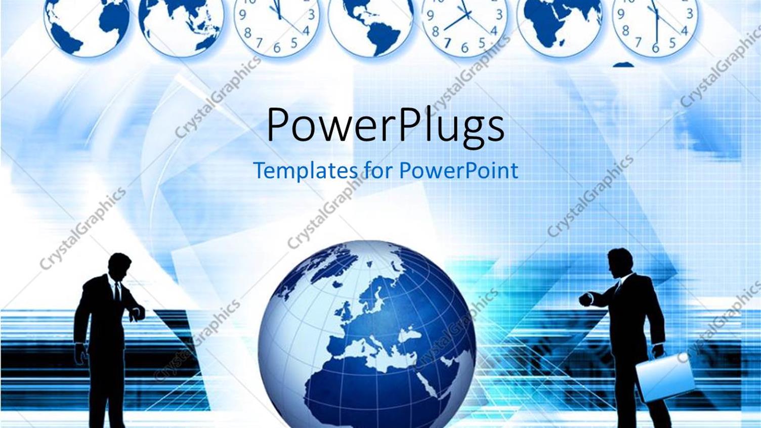 Featuring a Globe with Two Businessmen and Clocks in Background