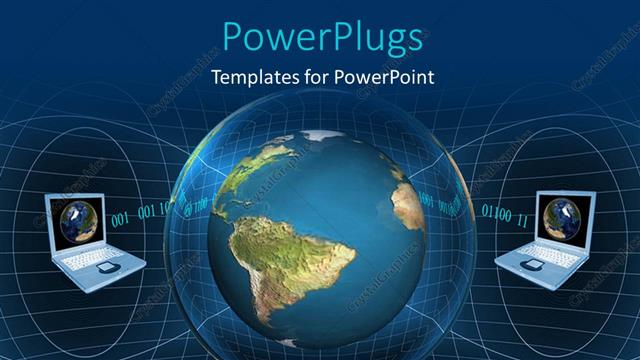  Presentation with network - A globe with two laptops and bluish background