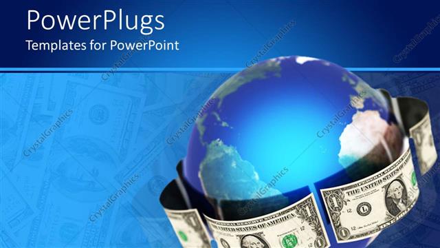  Presentation with bills - Globe wrapped with dollar bills, blue background