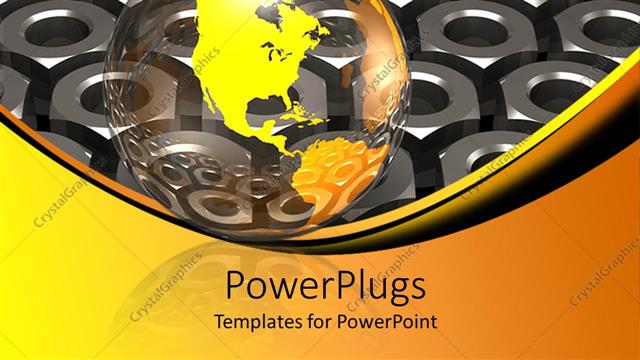  Presentation with metallic - Glossy transparent and yellow globe on gray metallic gears