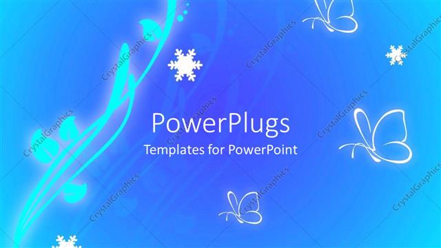  Presentation with shapes - Glowing branch with leaves and butterflies white snowflakes on blue background