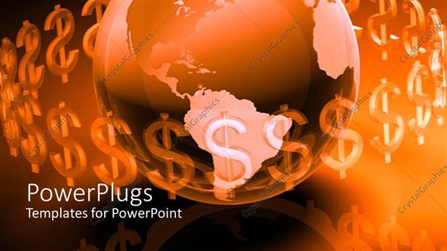  Presentation with dollar signs - Glowing brown and pink globe surrounded by translucent dollar signs